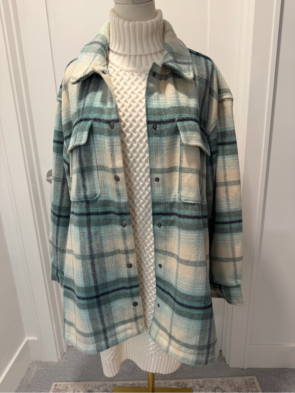 Old Navy Cream and Teal Plaid Snap-Front Shacket